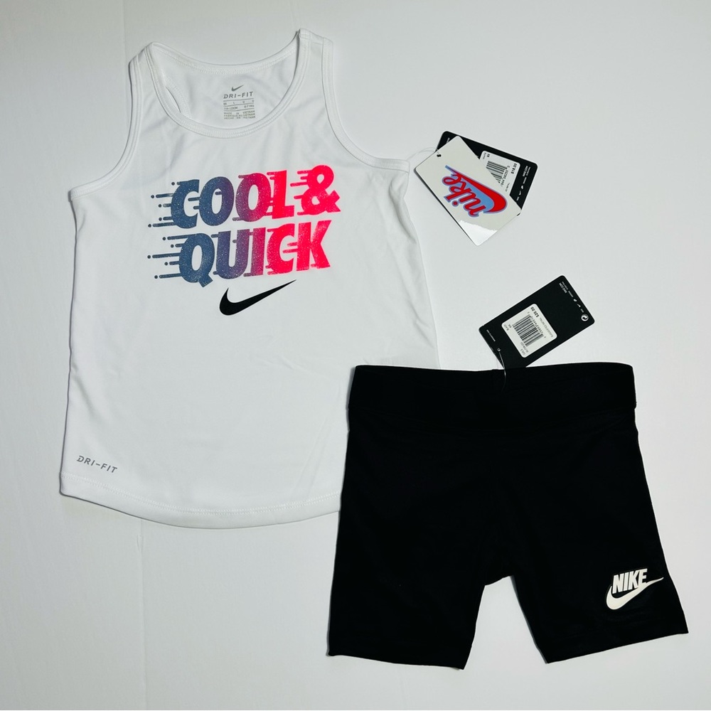 Nike Girls Dri-Fit Tank Top Shirt & Club Biker Shorts Set Outfit White Black 6X